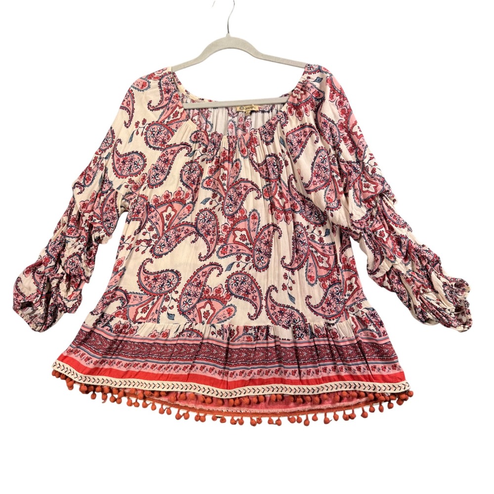 Democracy Peasant Top Women Large Pink Orange Paisley Pom Pom Trim Ruffle Sleeve